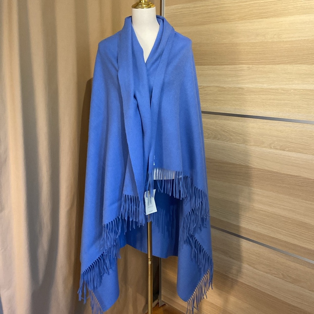 Garnet Hill Blue Wool Cashmere Fringe Wrap Shawl Scarf 100x60 NWT